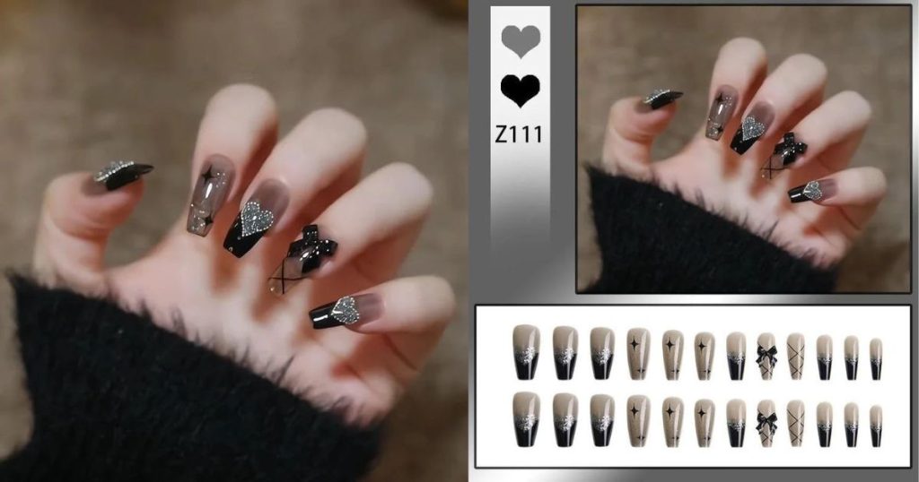 Black Bow & Heart Glossy Nails