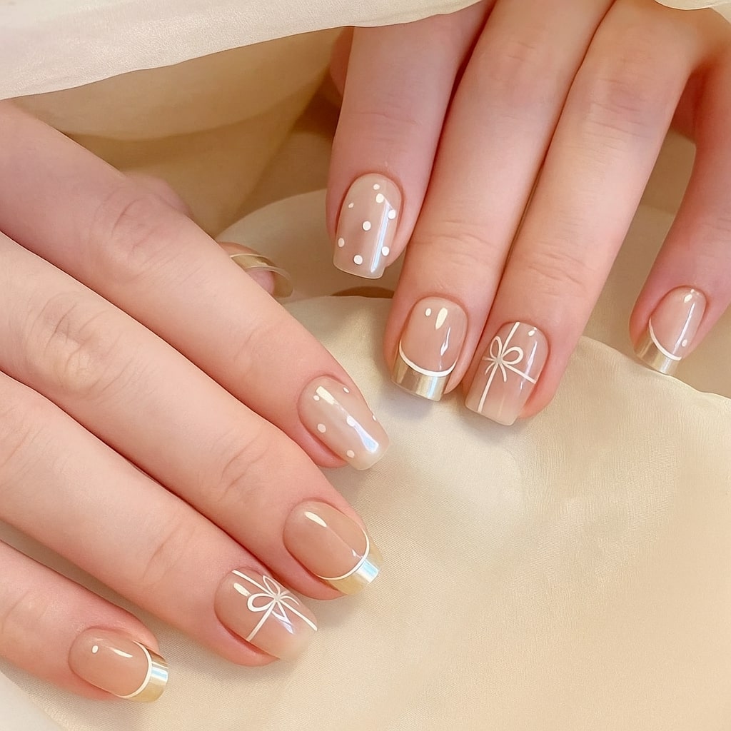 Nude Chrome French Tip Nails with Polka Dots & Bow